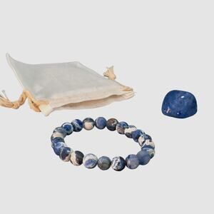Sodalite Chakra Bracelet Beads Matte Elastic Stretch Tumbled Stone, Gift Pouch